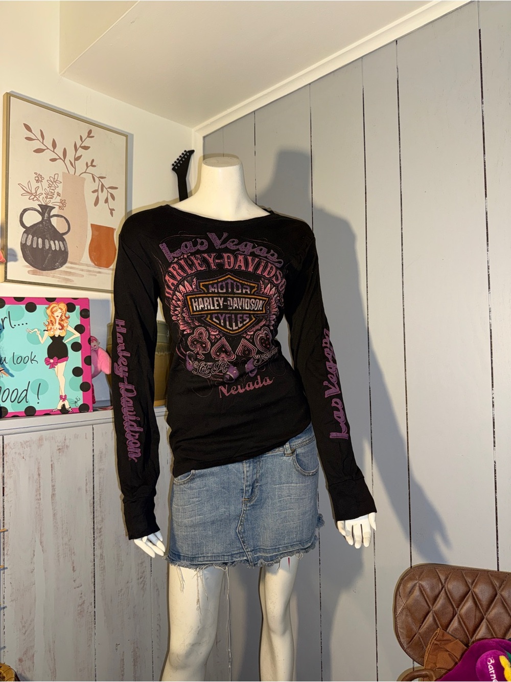 Harley-Davidson Black Long Sleeve Las Vegas Graphic Tee with Pink Accents